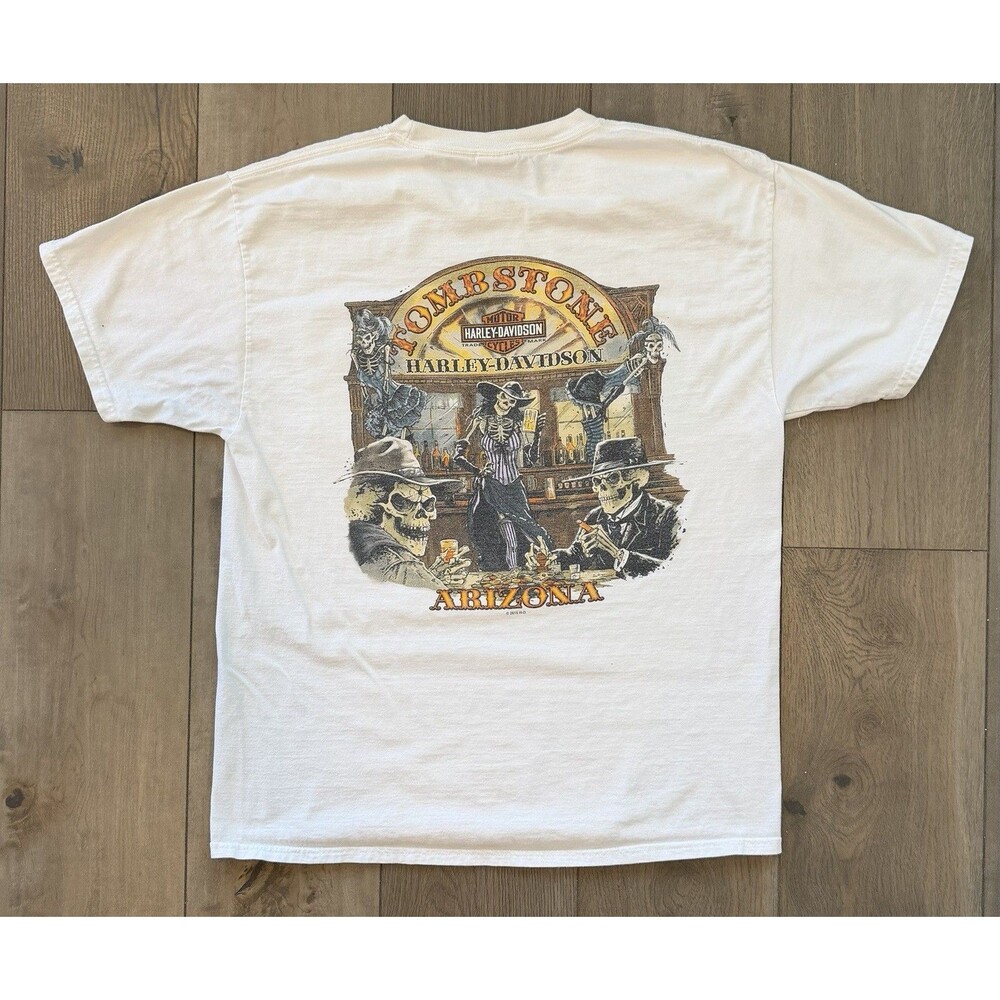 Harley Davidson Tombstone Arizona TShirt Mens Large White Saloon Skeleton Pocket
